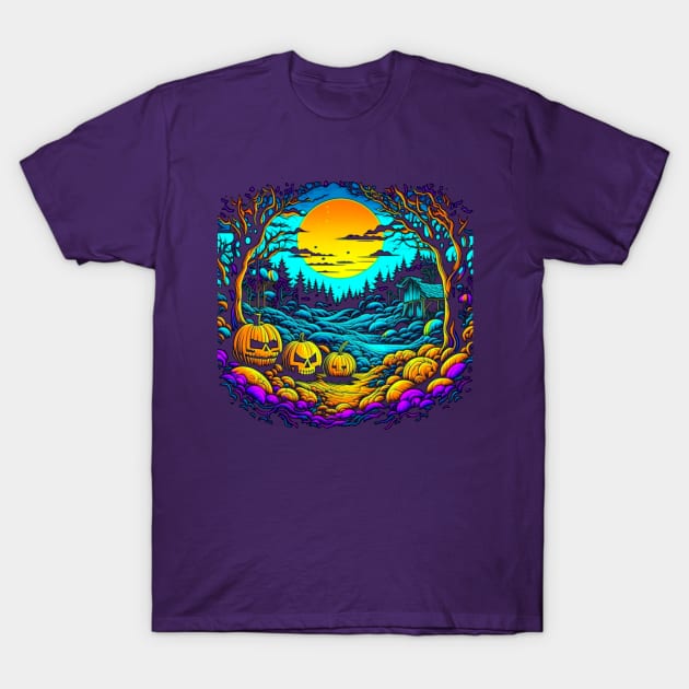 Trippy Night of the Pumpkin Patch And Hut, Halloween T-Shirt by vystudio